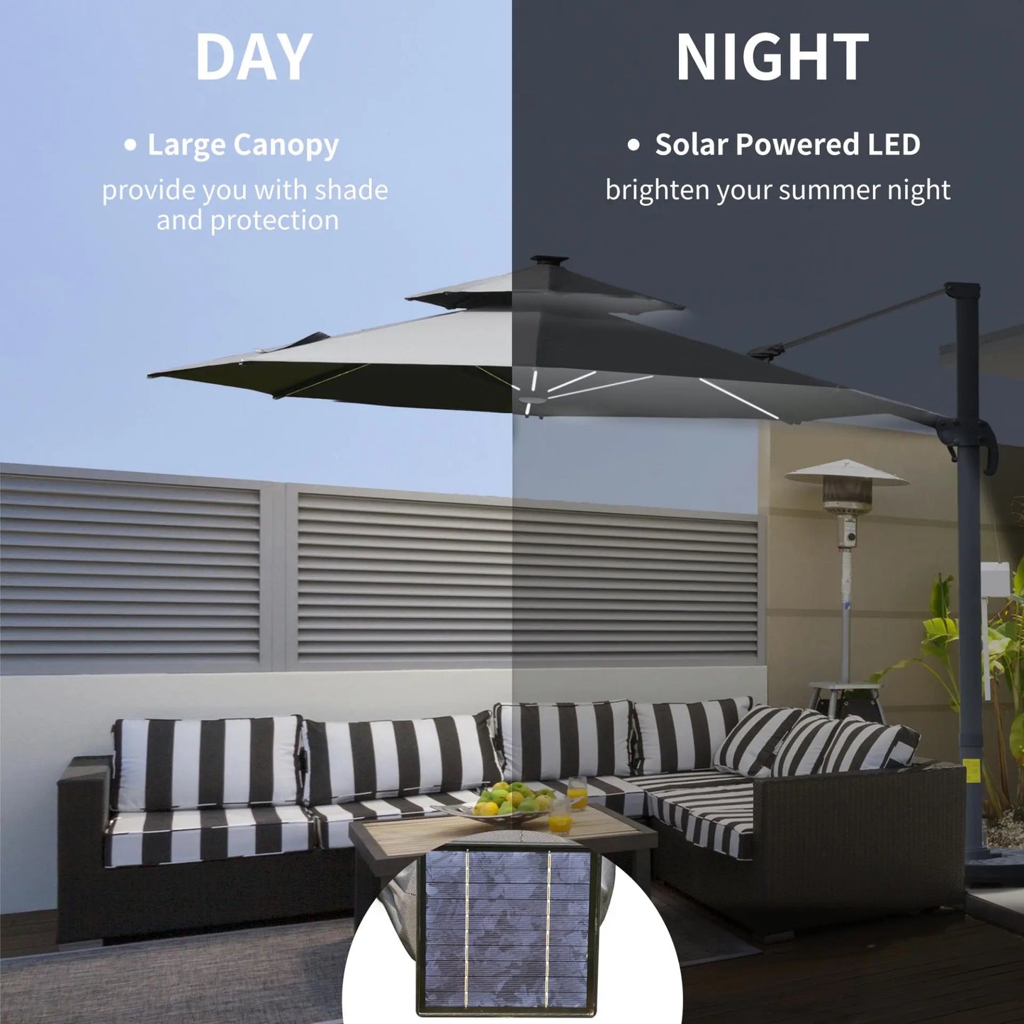Cantilever Roma Parasol with LED Solar Lights, Crank & Tilt, Aluminium Frame. Londecor