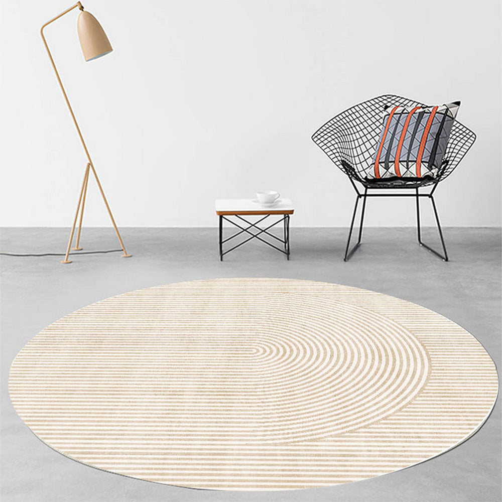 Modern Light Luxury Round Carpet with geometric abstraction pattern in a minimalist room setting bedroom, made of polyester fiber, 120cm diameter