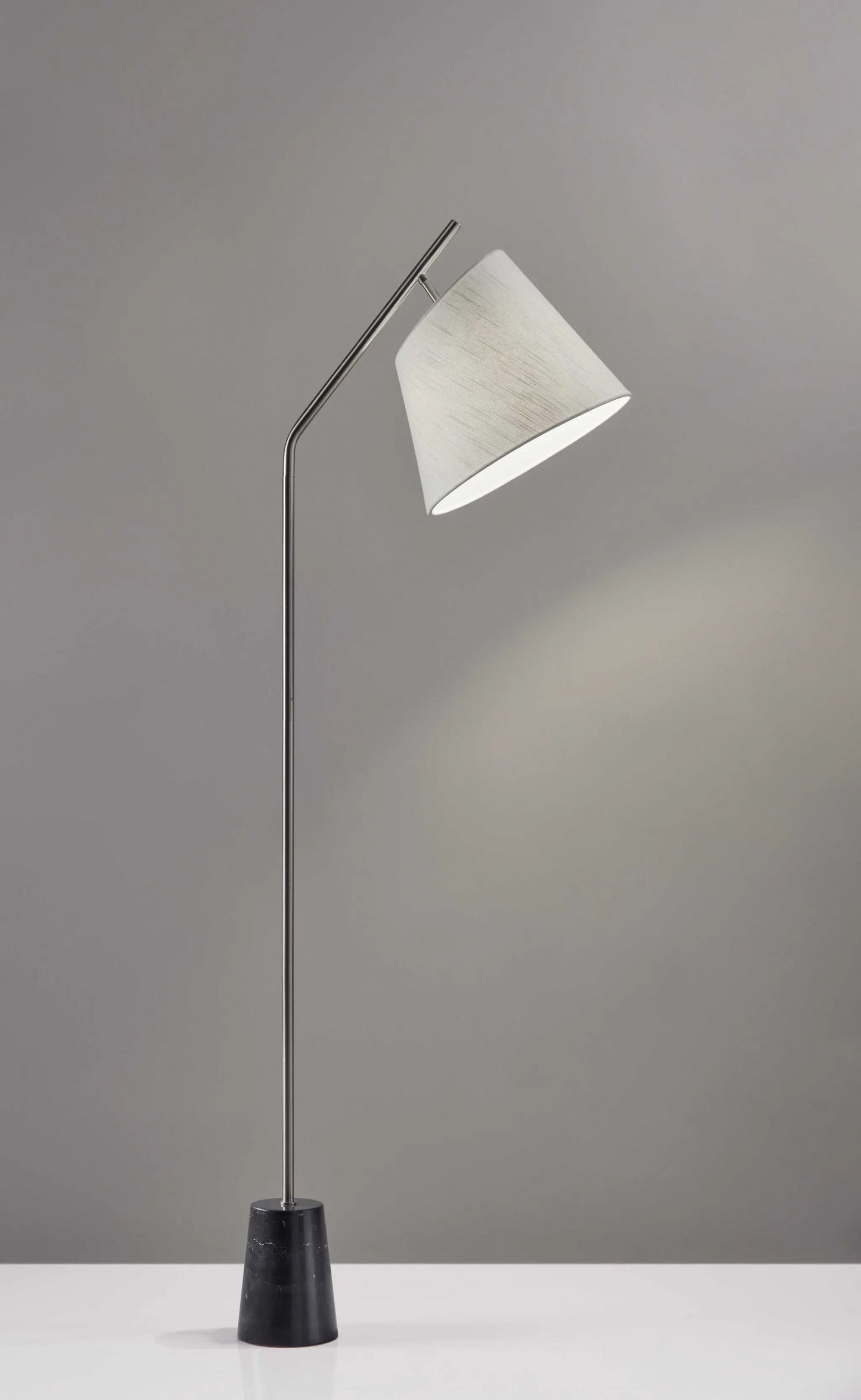 Brushed Steel Floor Lamp Black Marble Block Base and Angled White Linen Shade-0