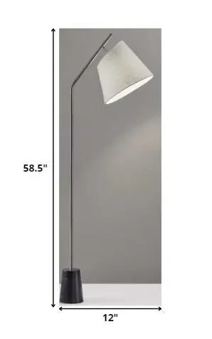 Brushed Steel Floor Lamp Black Marble Block Base and Angled White Linen Shade-1