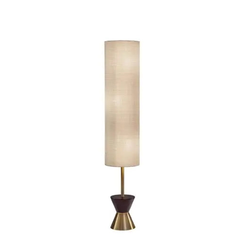 59" Brass and Wood Textured Cylinder Beige Floor Lamp-0