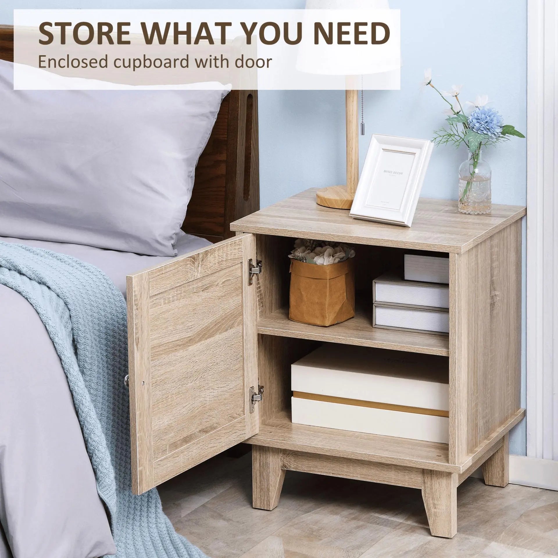 Natural Bedside Table with Storage Cupboard. - Londecor