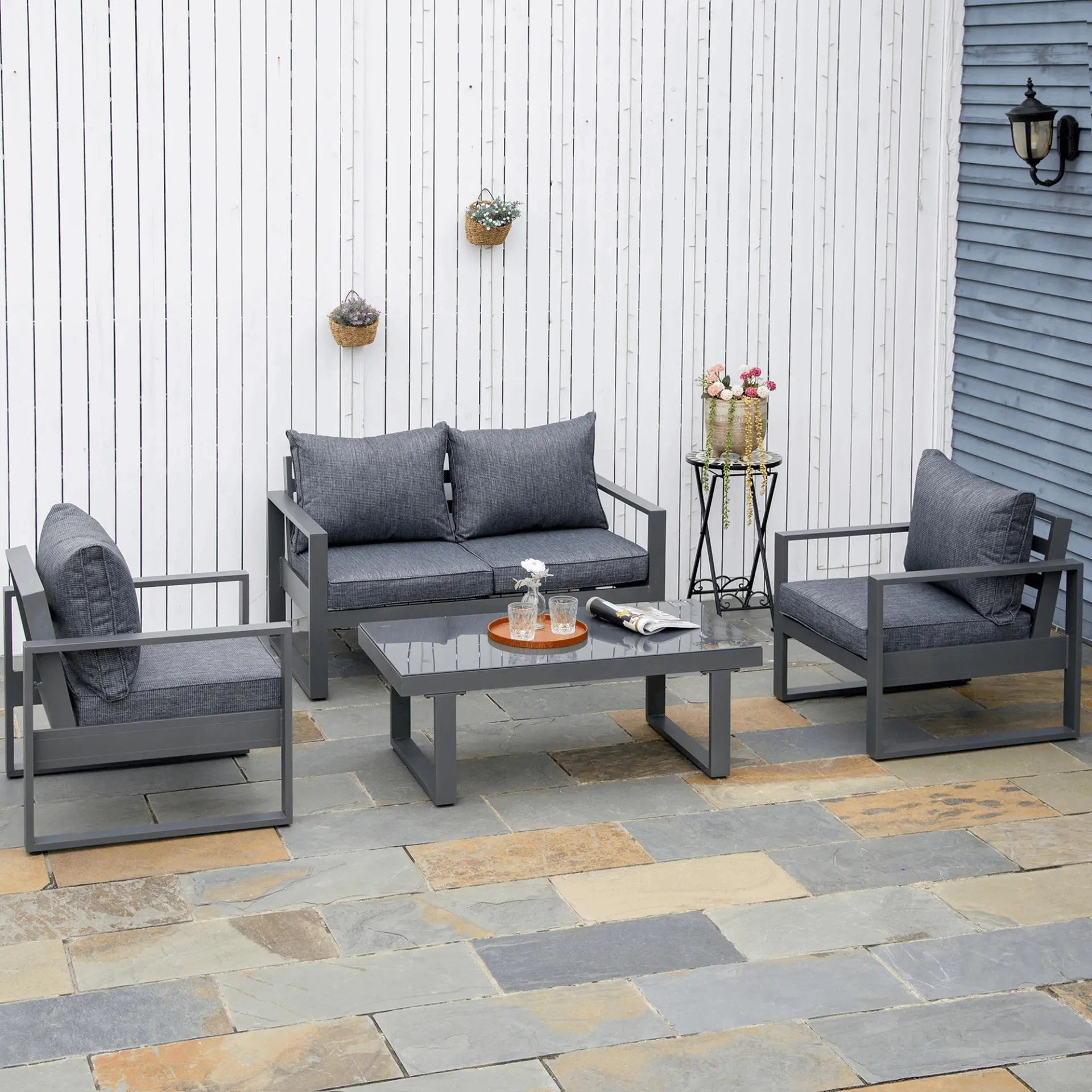 4 Piece Aluminium Garden Sofa Set with Coffee Table, Outdoor Furniture Set with Padded Cushions & Olefin Cover, Dark Grey - Londecor