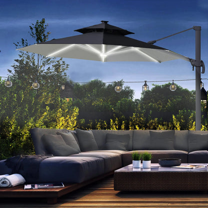 Cantilever Roma Parasol with LED Solar Lights, Crank & Tilt, Aluminium Frame. Londecor