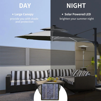 Cantilever Roma Parasol with LED Solar Lights, Crank & Tilt, Aluminium Frame. Londecor