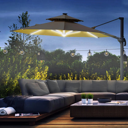 Cantilever Roma Parasol with LED Solar Lights, Crank & Tilt, Aluminium Frame. Londecor
