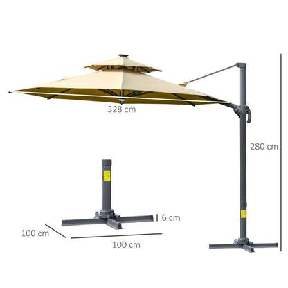 Cantilever Roma Parasol with LED Solar Lights, Crank & Tilt, Aluminium Frame. Londecor