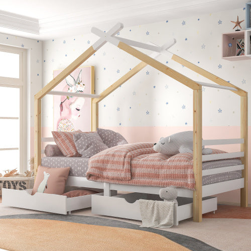 Kids Canopy Bed with Storage - 3FT Solid Pine Wood House/Tree Frame for Toddlers