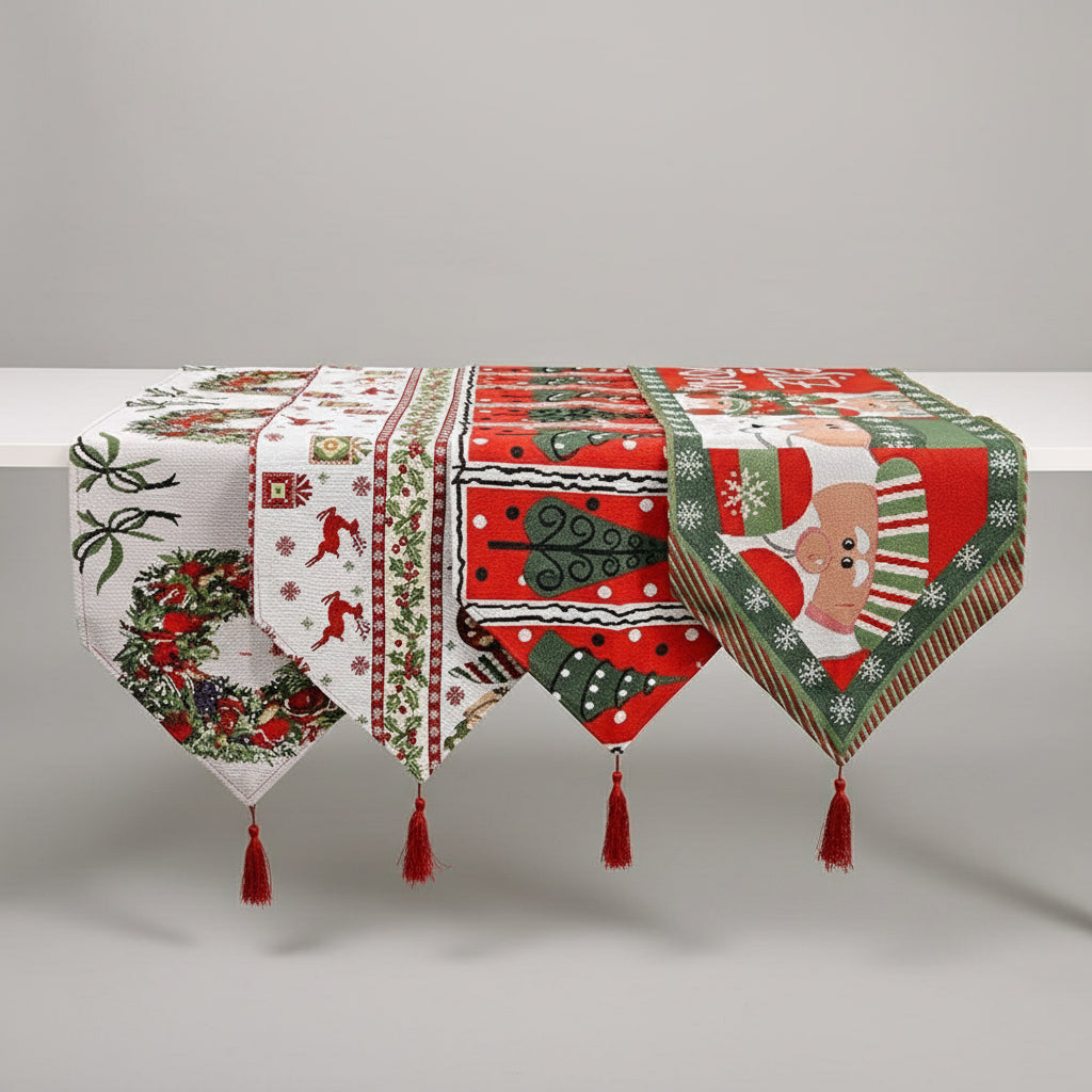 Set of Christmas-themed table runners on a dining table with a bottle of wine and decorative items.