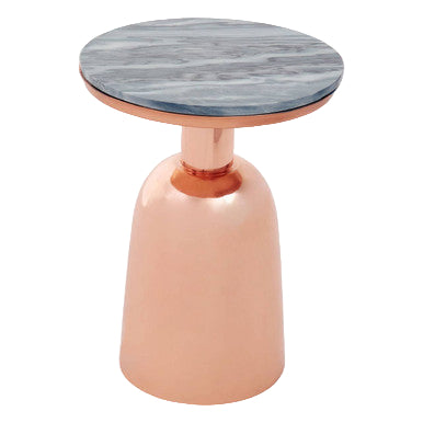 Small round table with marble top and rose gold base on a white background