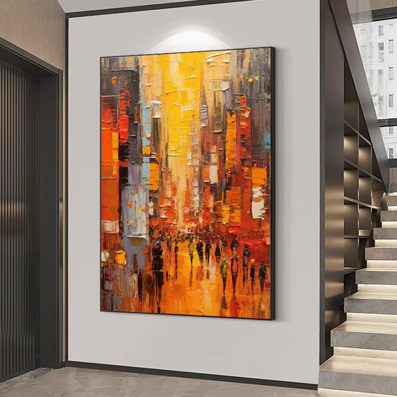 Large Modern Cityscape Wall Art – Hand-Painted Acrylic Abstract Painting for Living Room & Bedroom