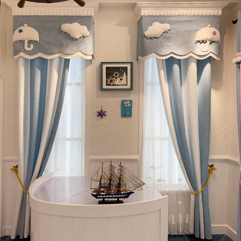 Cloud Chenille Curtain: Light Luxury for Kids' Rooms (Blue & White)