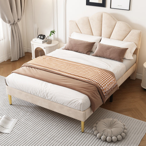 Shell Design Velvet Bed - Double Bed, Beige