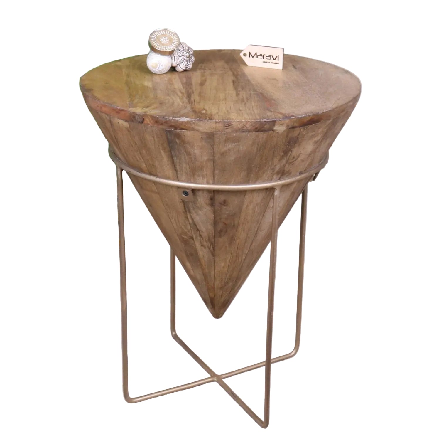 Wooden side table with a geometric design on a white background