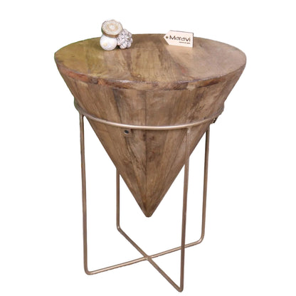 Wooden side table with a geometric design on a white background