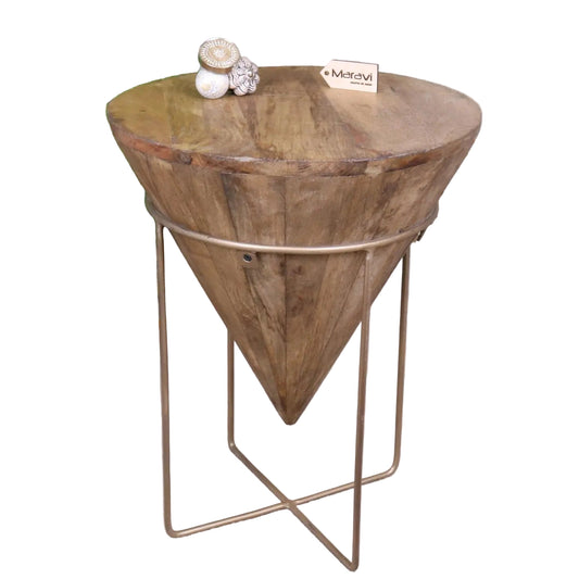 Wooden side table with a geometric design on a white background