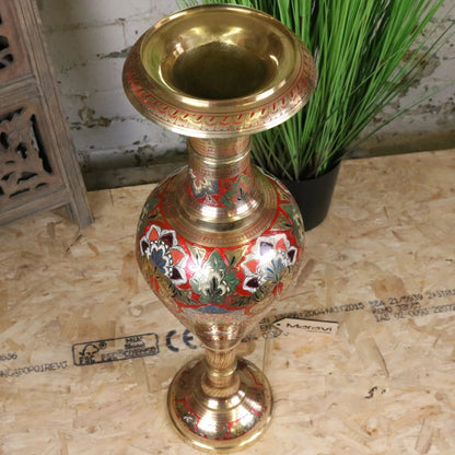 Vintage 77cm Large Brass Vase Hand Painted and Etched - Red