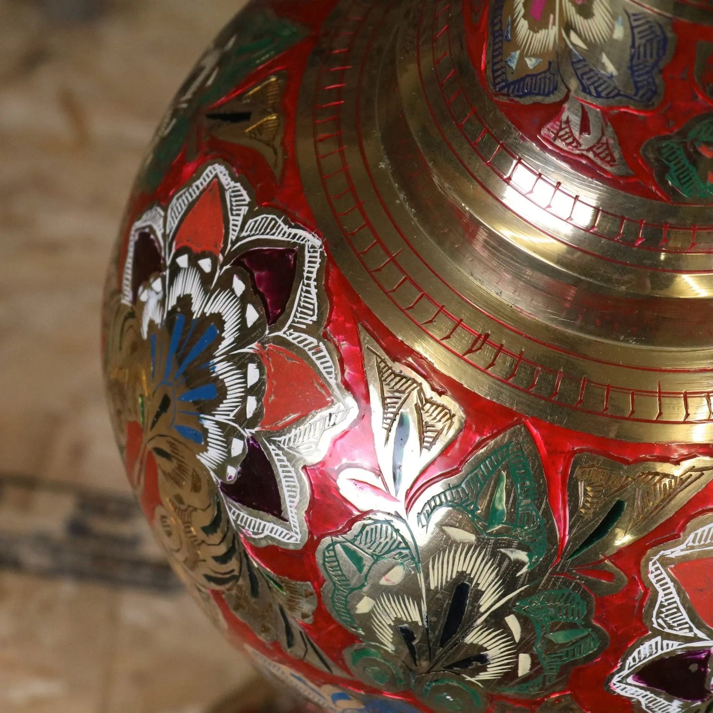 Vintage 77cm Large Brass Vase Hand Painted and Etched - Red