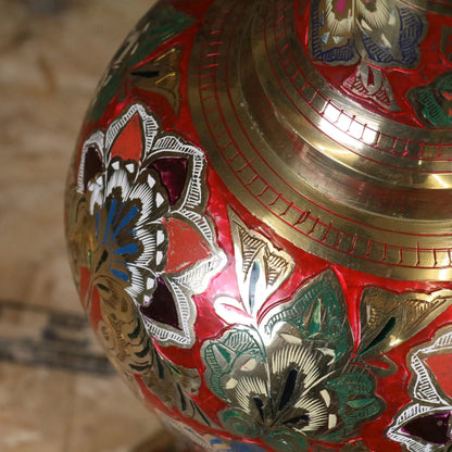 Vintage 77cm Large Brass Vase Hand Painted and Etched - Red