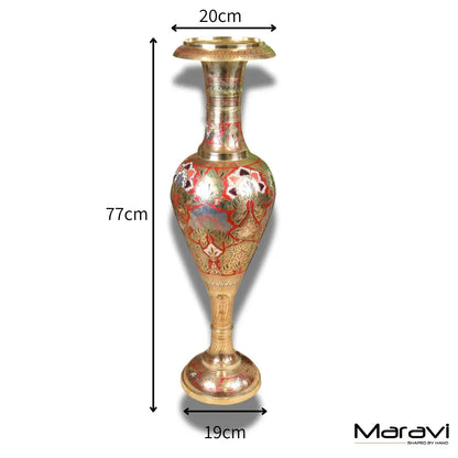 Vintage 77cm Large Brass Vase Hand Painted and Etched - Red