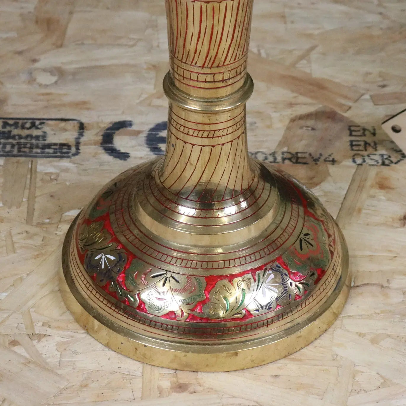 Vintage 77cm Large Brass Vase Hand Painted and Etched - Red