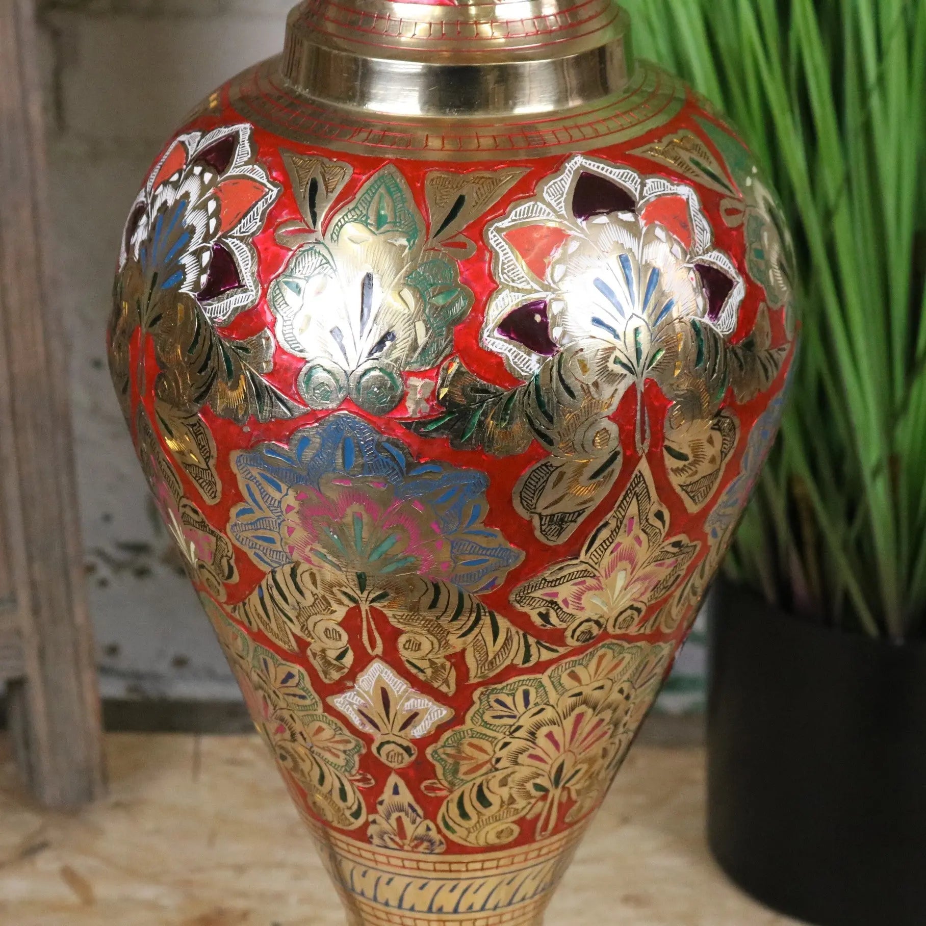 Vintage 77cm Large Brass Vase Hand Painted and Etched - Red