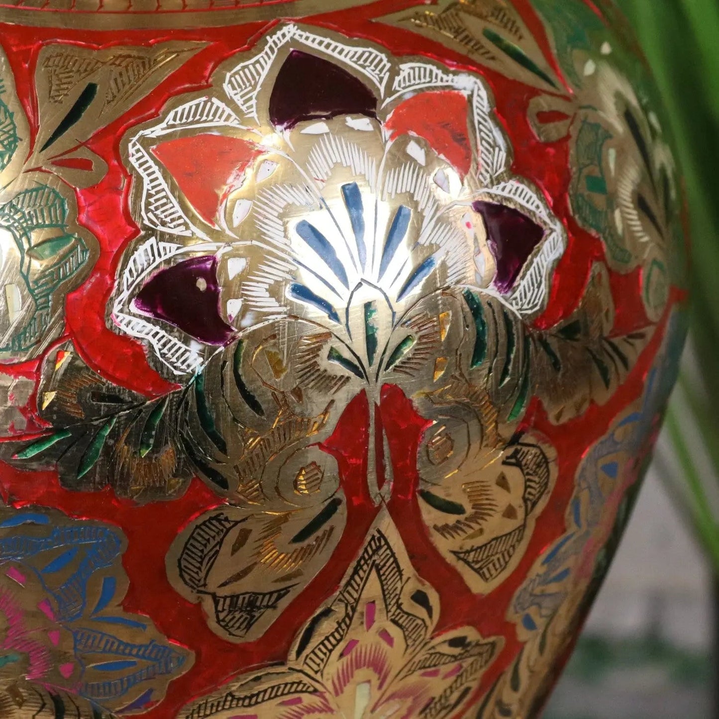 Vintage 77cm Large Brass Vase Hand Painted and Etched - Red