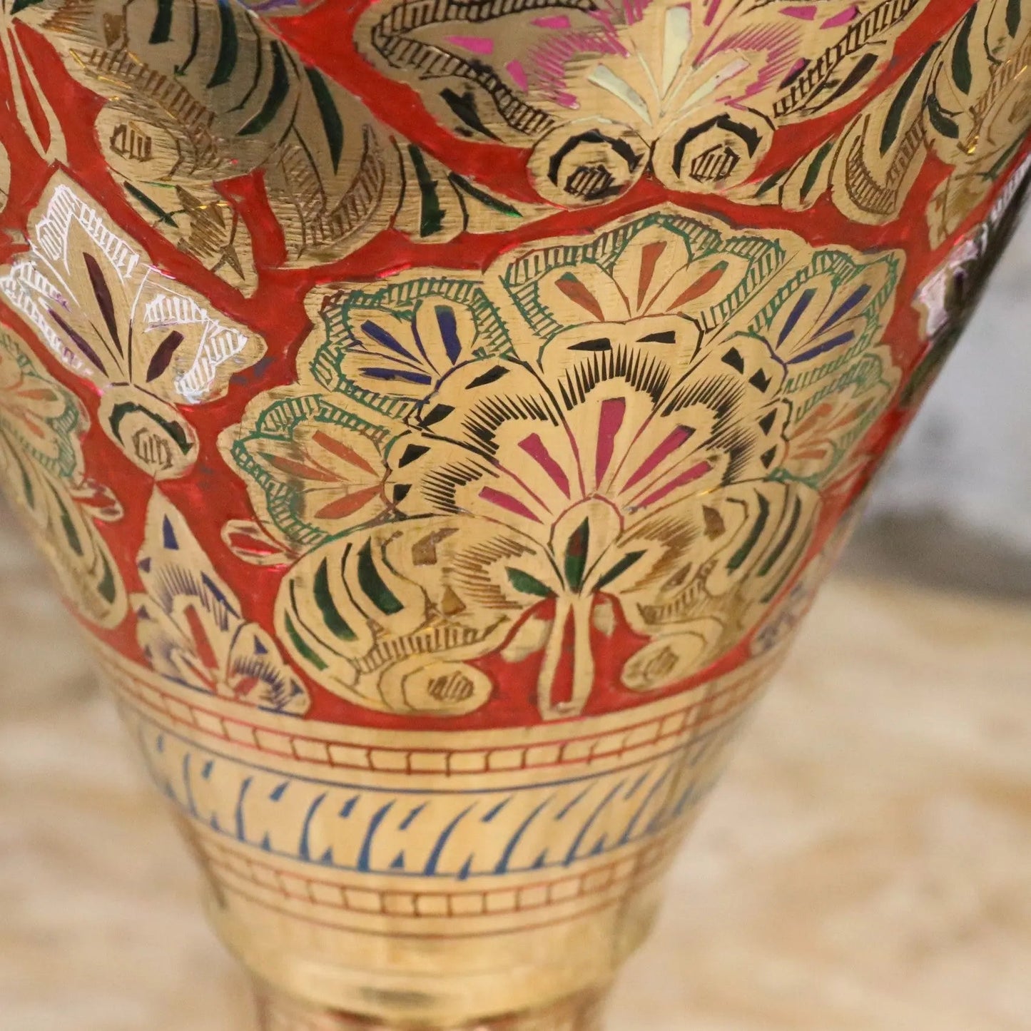 Vintage 77cm Large Brass Vase Hand Painted and Etched - Red