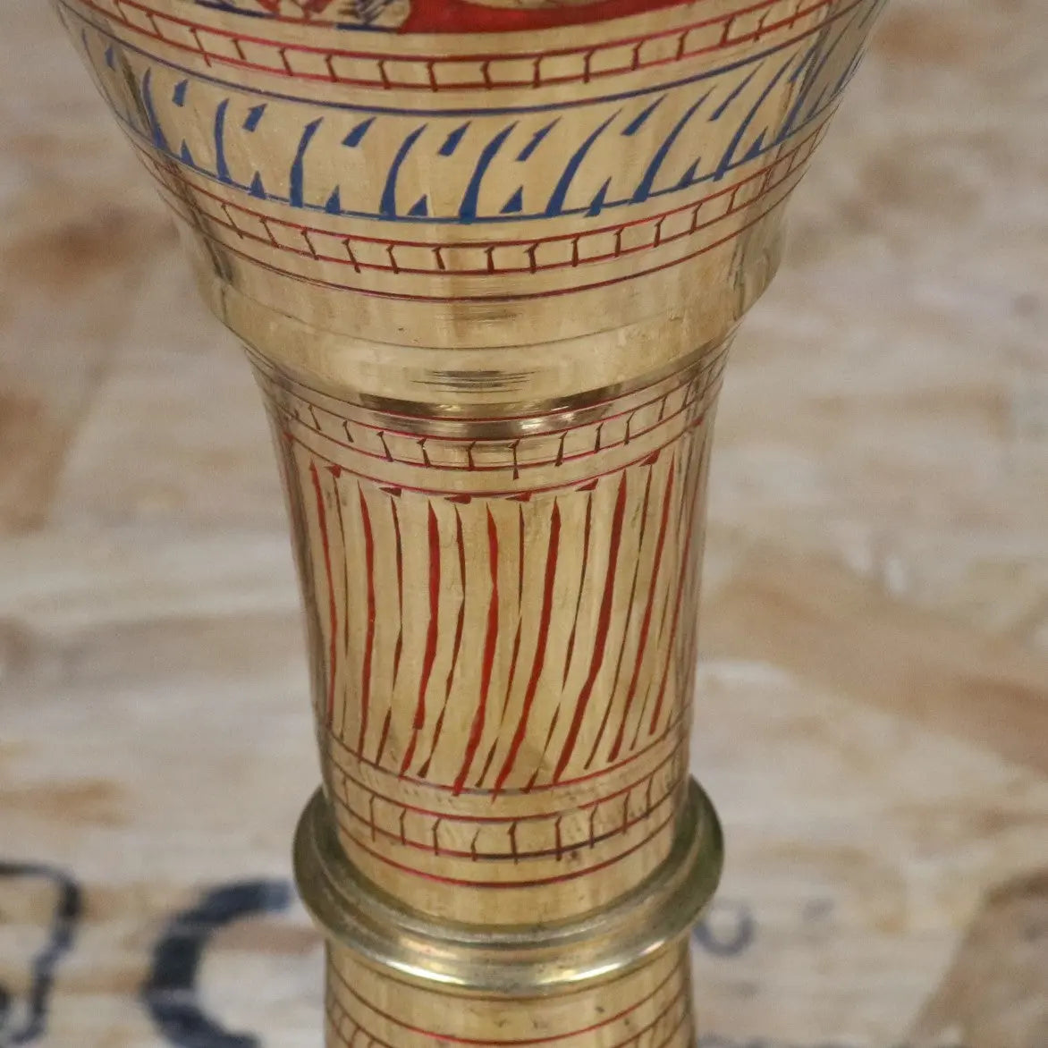 Vintage 77cm Large Brass Vase Hand Painted and Etched - Red