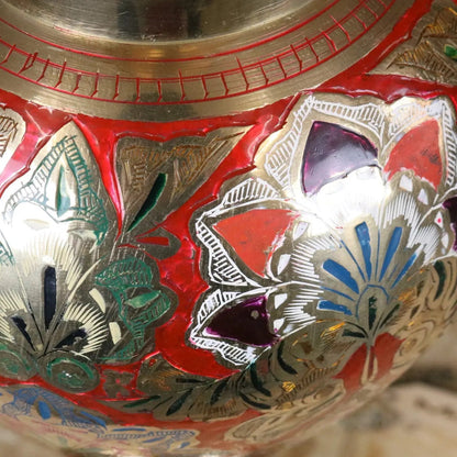 Vintage 77cm Large Brass Vase Hand Painted and Etched - Red
