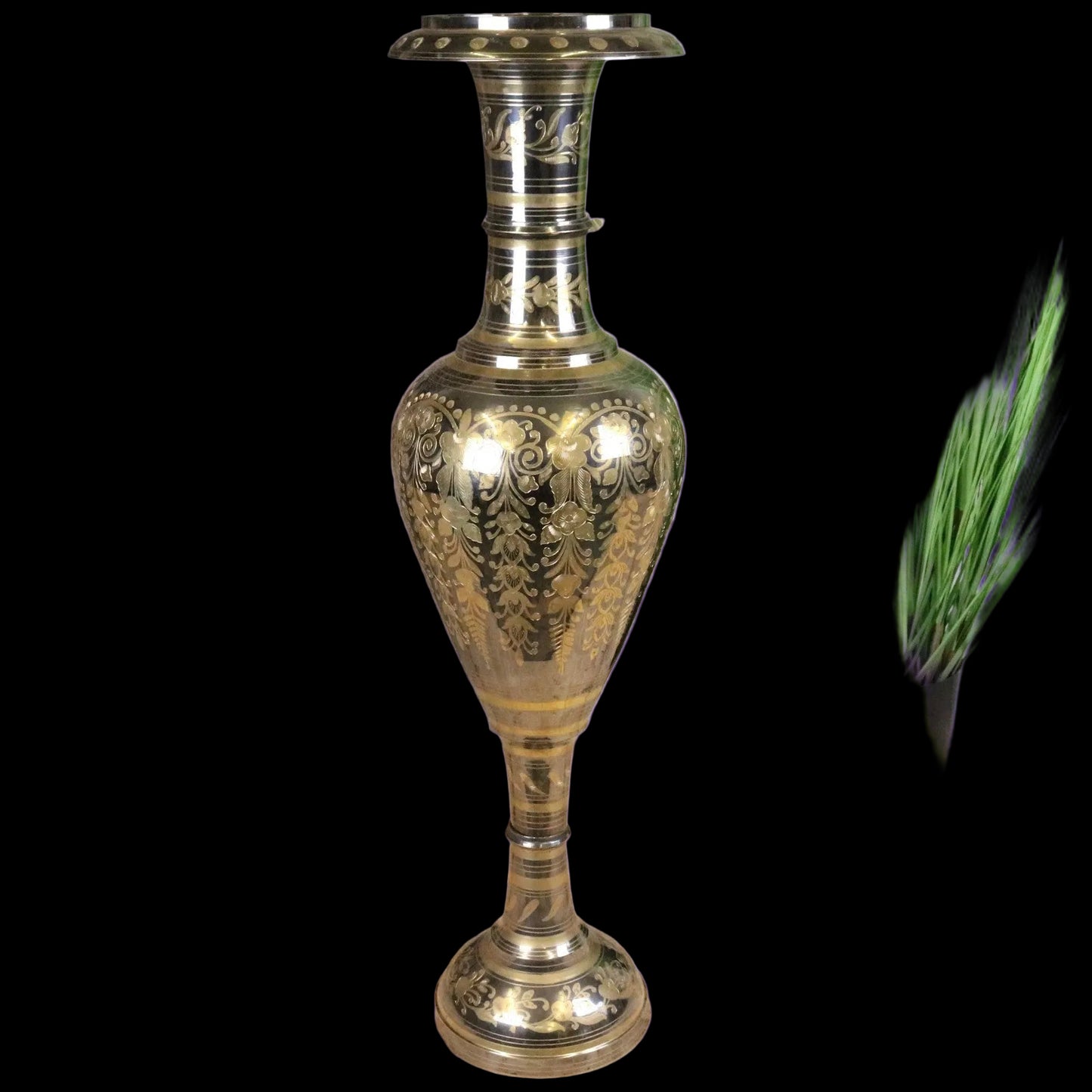 Vintage 90cm Large Brass Vase Hand Etched - Silver and Gold Polished