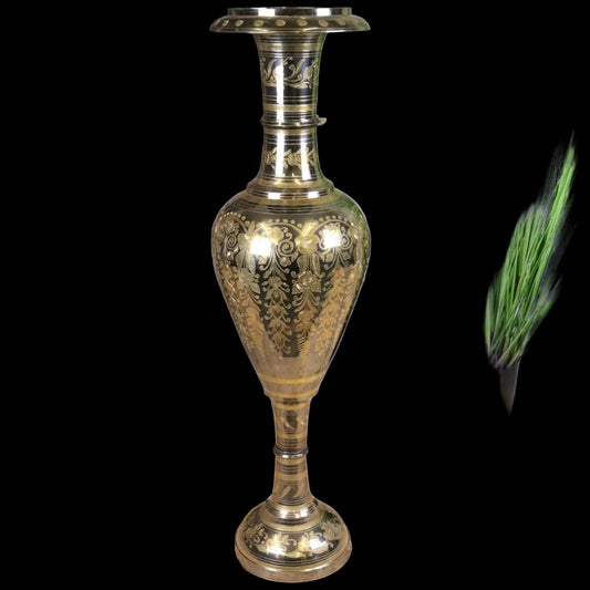 Vintage 90cm Large Brass Vase Hand Etched - Silver and Gold Polished