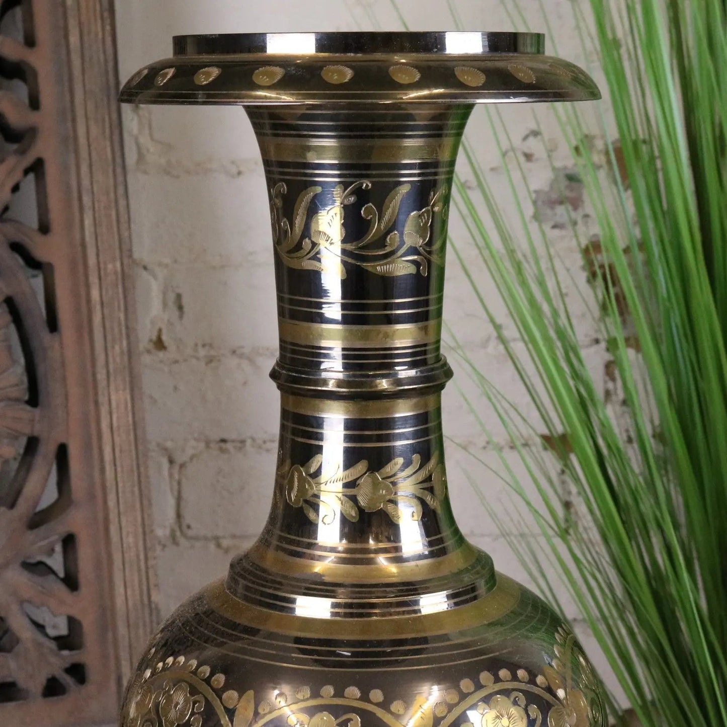 Vintage 90cm Large Brass Vase Hand Etched - Silver and Gold Polished