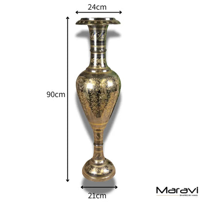 Vintage 90cm Large Brass Vase Hand Etched - Silver and Gold Polished