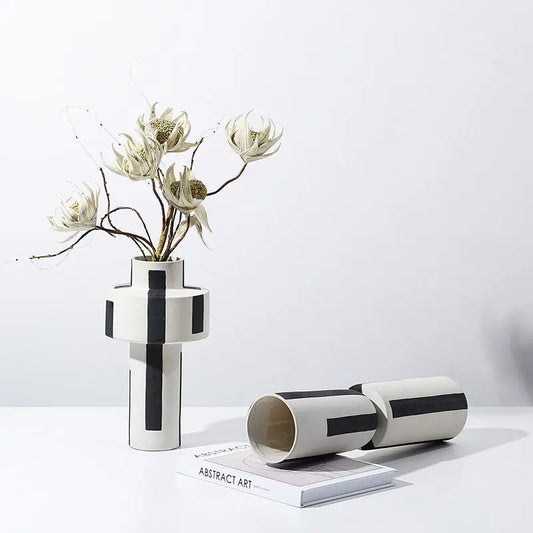Minimalist Hand Painted Ceramic Vase With Vertical Lines Londecor