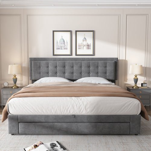 Grey Velvet Super King Ottoman Storage Bed - With Headboard