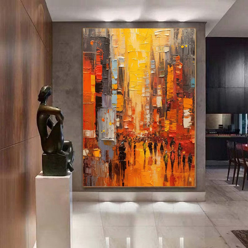 Large Modern Cityscape Wall Art – Hand-Painted Acrylic Abstract Painting for Living Room & Bedroom