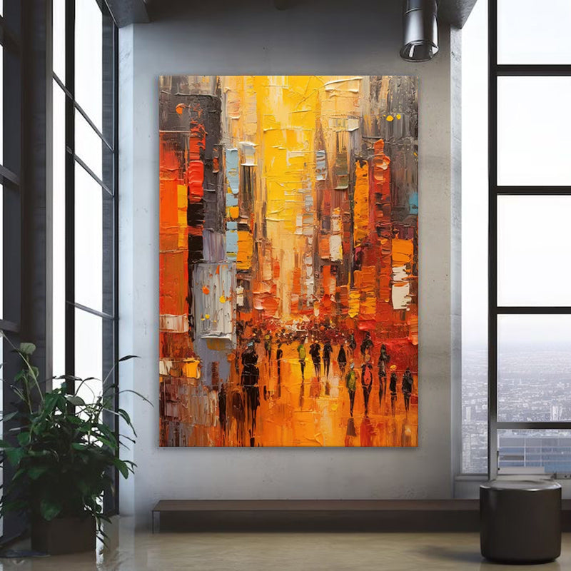 Large Modern Cityscape Wall Art – Hand-Painted Acrylic Abstract Painting for Living Room & Bedroom