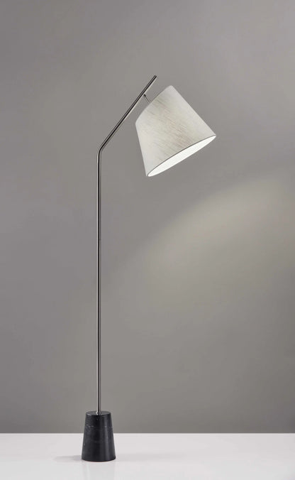 Brushed Steel Floor Lamp Black Marble Block Base and Angled White Linen Shade-0