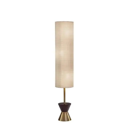 59" Brass and Wood Textured Cylinder Beige Floor Lamp-0
