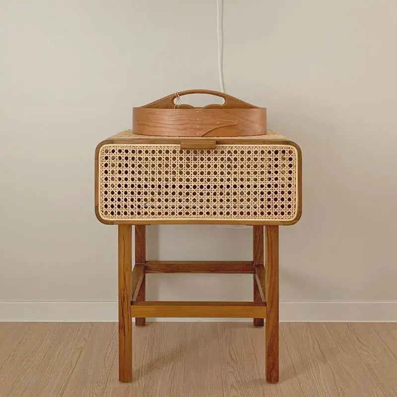 Ins Style Retro Rattan Solid Wood Bedside Table Londecor