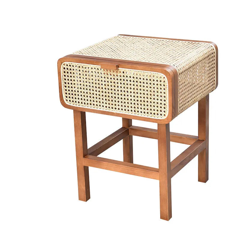 Ins Style Retro Rattan Solid Wood Bedside Table Londecor