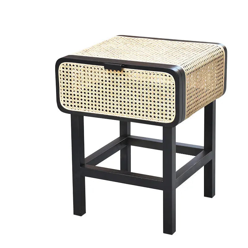 Ins Style Retro Rattan Solid Wood Bedside Table Londecor